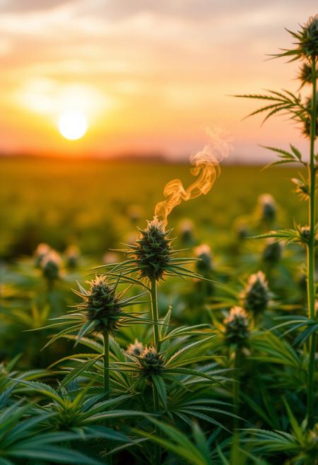 vibrant cannabis field, (lush green leaves:1.4), (sunset glow:1.2) casting warm light over the plants, (detailed textures:1.5), smoke swirling softly in the air, (cannabis buds:1.3) glistening with trichomes, peaceful and serene atmosphere, (natural light:1.4), wide field stretching into the distance, (colorful sky:1.2) with shades of pink and orange, (high-definition:1.6), (ultra-realistic textures:1.5), close-up details of cannabis plants, (soft focus in the background:1.2), modern, laid-back aesthetic, perfect for a cannabis culture feature, chill and relaxed vibe, (overexposed:-1.4), (unnatural colors:-1.5), (blurry:-1.6), (low-resolution:-1.7), (harsh lighting:-1.5), (distorted textures:-1.6)
