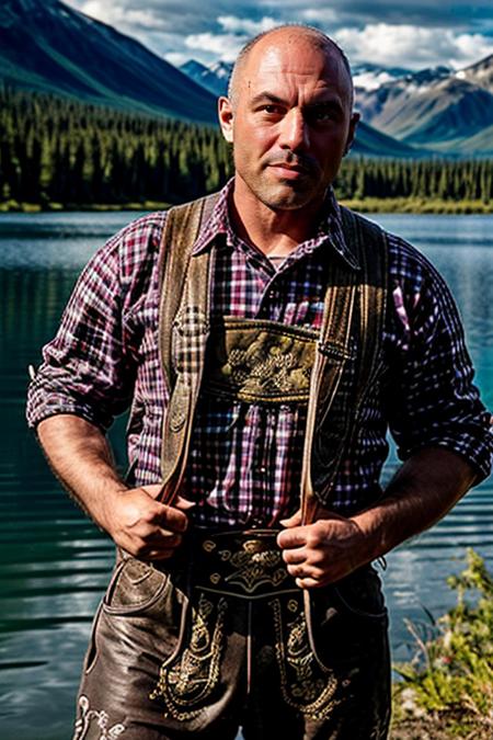 cinematic photo,  Joerogan Person wearing a lederhosen and crosspiece with Middle purple colored checkered shirt , in Lake Clark National Park and Preserve, 35mm photograph, film, bokeh, professional, 4k, highly detailed <lora:Lederhosen-v1:.7> <lora:epiCRealismHelper:.7>  <lora:add_detail:1> <lora:Joe Rogan - Trigger w Joerogan Person:.8>