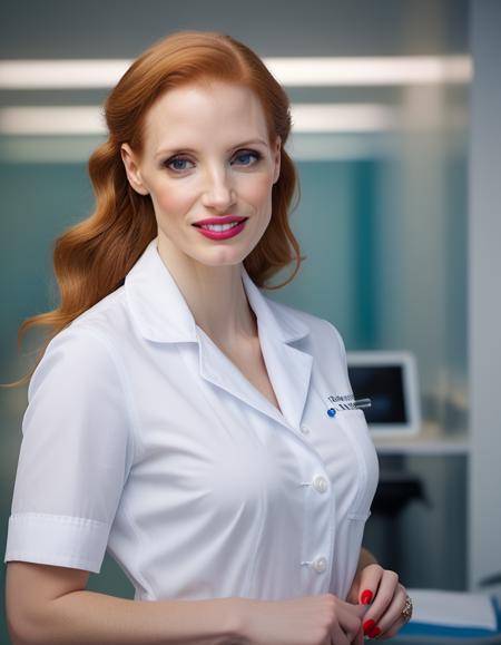 <lora:JessicaChastain:1> 1920 photo of  33 year old  JessicaChastain, in iceland, dressed like a nurse, assisting a dentist , soft lighting, tack sharp, 4k, dslr