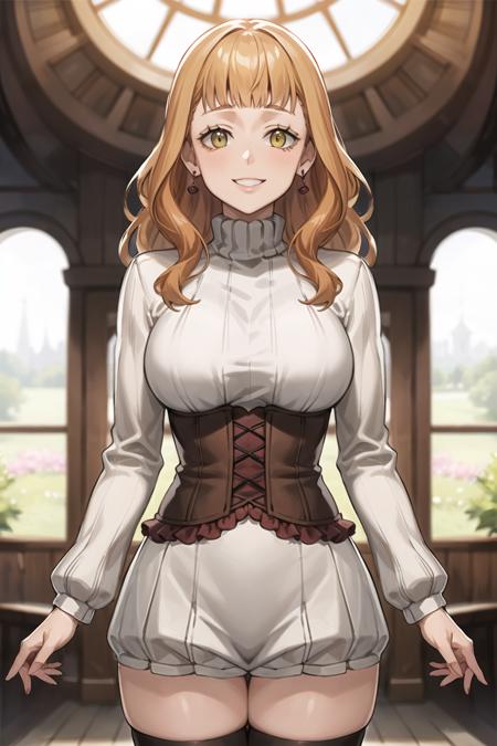 mimosa vermillion,orange hair, turtleneck sweater, corset, thighhighs, earrings, smile, looking at viewer, window,  light smile, (intricately detailed, hyperdetailed), blurry background,depth of field, best quality, masterpiece, intricate details, tonemapping, sharp focus, hyper detailed, trending on Artstation,1 girl, high res,facing viewer, official art