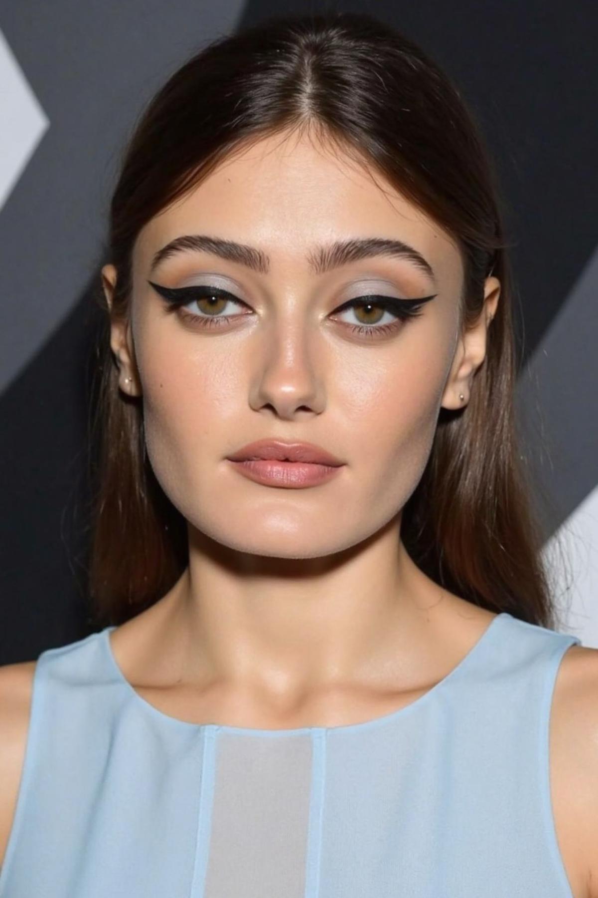 A close-up photograph of a ellaPurnell, looking directly at the viewer. she has long, parted  hair tied back, with dramatic winged eyeliner and light pink lipstick, accentuating their subtle makeup. Wearing a sleeveless light blue dress. The abstract black and white background pattern graduates to dark tones.