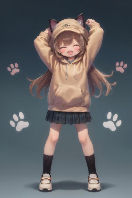 1girl, solo, skirt, hat, animal hat, cat hat, brown hair, closed eyes, hood, open mouth, baseball cap, pleated skirt, smile, plaid, hoodie, long sleeves, full body, plaid skirt, animal ears, paw print, socks, standing, shoes, blue skirt, arms up, gradient, facing viewer, :d, cat ears, gradient background, short over long sleeves, bangs, black socks, english text, green background