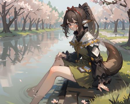 ((masterpiece, best quality)),ultra detailed,8k wallpaper,<lora:perfumerOAC2-v1.0:0.6:cara>,1girl, perfumer,ponytail,hairband,white capelet,olive dress,black collar,frilled sleeves,fox tail,bare legs,a girl is sitting on water, bow, cherry blossom tree, cobblestone, natural river, grass