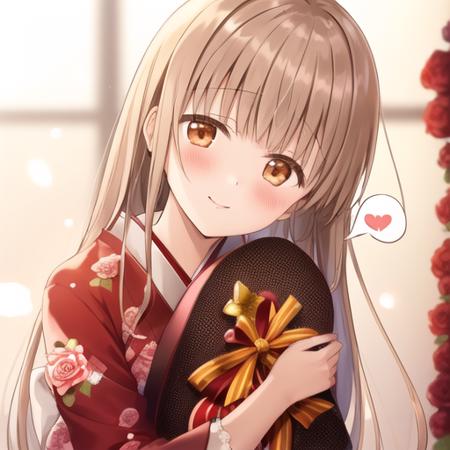 1girl, Mahiru Shiina, japanese clothing, roses, roses pattern, spoken heart, red ribbon, dress,  facing viewer, valentines, love theme, hearts, (head tilted:1.2), bokeh, solo focus, (hugging a gift of chocolate), shrine, shine, iridescent, confession