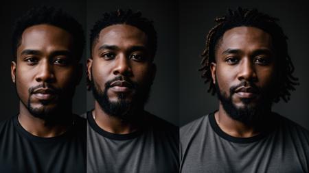 closeup portrait photos split two,  of 32 y.o black male, wearing gray shirt, long beard, brown hair, cinematic shot, very dark dramatic lighting