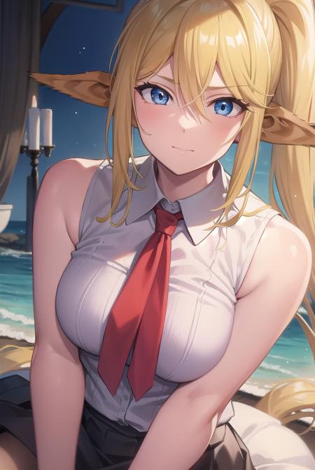 centorea shianus, animal ears, blonde hair, blue eyes, centaur, horse ears, horse tail, long hair, monster girl, ponytail, tail, sleeveless, shirt, white shirt, neckerchief, red neckerchief, collar, skirt, black skirt,