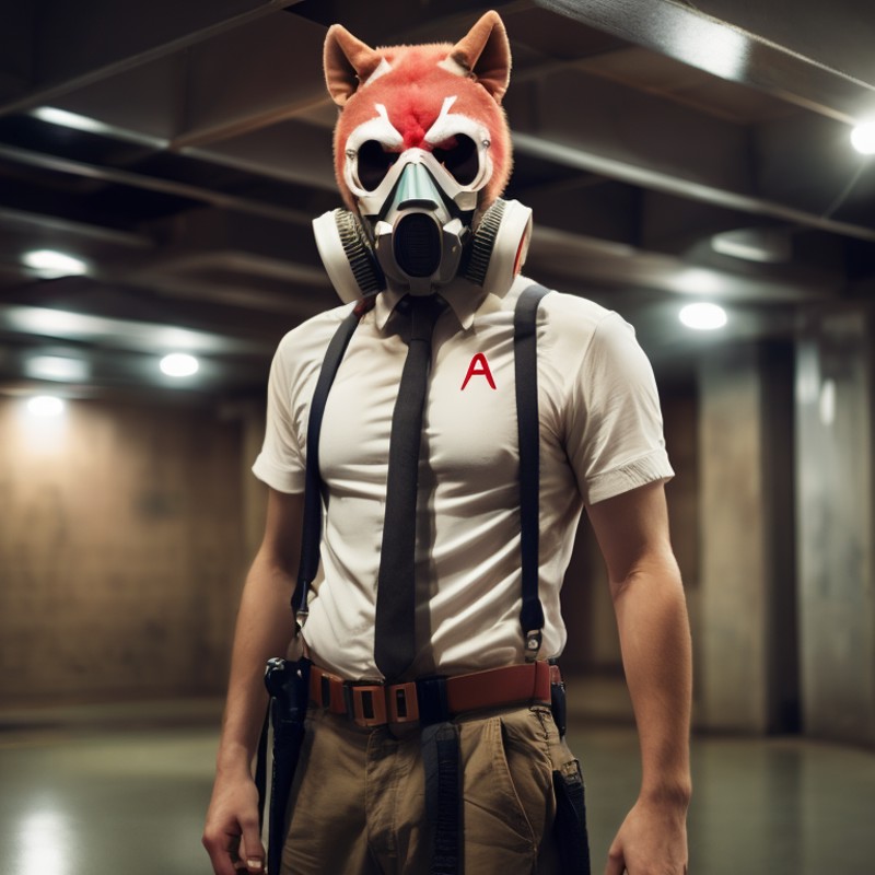 a man wearing a gas mask and suspenders, a character portrait, by Sebastian Spreng, shutterstock, indoor shot, the purge, ...