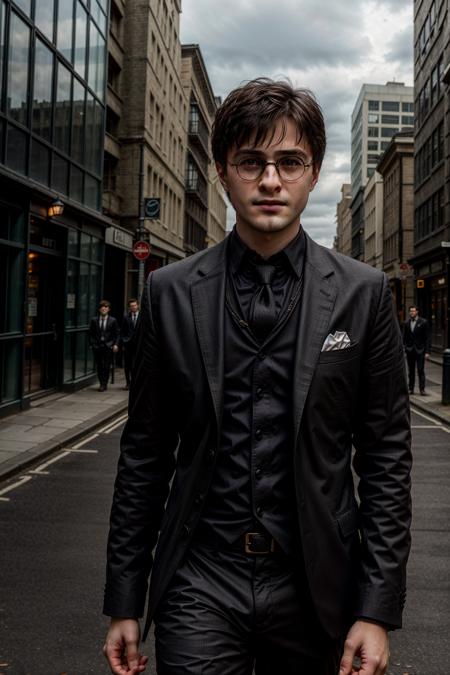 HPDR, Young man, messy hair, elegant boy, with glasses, male, an 18 year old stands alone on the sidewalk of his big city in London, (wearing a black slim fit suit:1.3), at the middle of the night, nights sky, Chiaroscuro, intricate artwork masterpiece, matte painting movie poster, golden ratio, trending on cgsociety, intricate, epic, trending on artstation, by artgerm, h. r. giger and beksinski, highly detailed, vibrant, production cinematic character render, ultra high quality model <lora:more_details:1> <lyco:GoodHands-beta2:1>