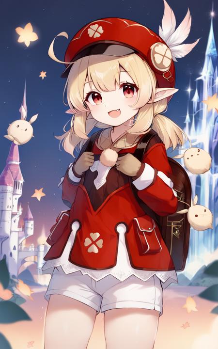 gen-klee blonde hair, low twintail, red eyes cabbie hat, white shorts, long sleeves, pointy ears, red dress, backpack, red headwear, brown gloves, hat feather,