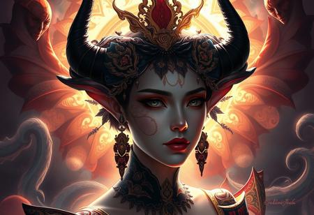 Create a digital painting of a woman, the ornate supreme demon overlord, with a soft lighting gradient and immaculate shading. The dark colour scheme should feature the empress’ swirling gardens. Replace her ears with black horns. Draw inspiration from the styles of Luke Pearson, Stanley Artgerm Lau, and Lois van Baarle. The artwork should have a sense of global illumination and radiant light, with detailed and intricate environments and micro details. No text should be included, and the composition should be reminiscent of high-fantasy artwork trending on ArtStation.