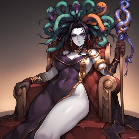 Medusa_KI snake hair, colored skin, jewelry, staff, pale skin, purple dress