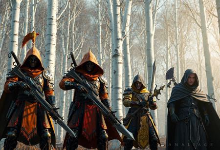 Four action Gravekeepers (orange/black Cannonholder with gun & sword, red Visionary, yellow Nobleman, black Shaman with cape) line up against stark White Forest poplars. Meticulously detailed armor, weapons, dynamic action poses. 4K, matte painting, splash ink, octane render, Unreal Engine 5, Raphael & Houdini styles. Vivid emotions, beautiful detailed eyes, Artstation, CGSociety, Mark Brooks, Brad Kunkle, Alena Aenami style, colorful textured brushstrokes, soft illumination, golden ratio.