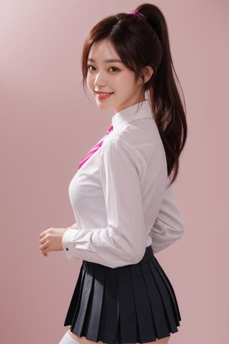 <lora:Striped_C1_Dress_By_Stable_Yogi:0.8>, best quality, masterpiece, illustration, realistic, photo-realistic, amazing, finely detail, incredibly absurdres, huge filesize, ultra-detailed, highres, extremely detailed CG unity 8k wallpaper, nsfw, A young Korean pop singer with a stylish and trendy look. She has long, dark hair styled in a high ponytail with a side part. She is wearing a striped button-down shirt with a black necktie, a pleated skirt, and thigh-high stockings. She is standing in front of a bright pink backdrop, and she is smiling and looking at the camera.