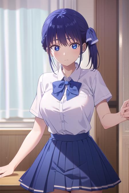 nagisaminase, <lora:nagisa minase s2-lora-nochekaiser:1>,
nagisa minase, bangs, blue eyes, blue hair, hair ribbon, side ponytail,
BREAK skirt, shirt, bow, school uniform, white shirt, short sleeves, pleated skirt, bowtie, blue skirt, 
BREAK indoors, classroom,
BREAK looking at viewer, (cowboy shot:1.5),
BREAK <lyco:GoodHands-beta2:1>, (masterpiece:1.2), best quality, high resolution, unity 8k wallpaper, (illustration:0.8), (beautiful detailed eyes:1.6), extremely detailed face, perfect lighting, extremely detailed CG, (perfect hands, perfect anatomy),