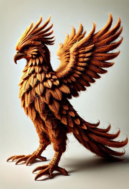 Ultrarealistic. sharp focus, dynamic lighting. play of light, reflection, refraction, Raytracing, Ultra detailed. A brown phoenix made of pamcocomat.