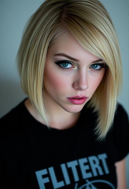 woman, blonde bobcut hair, parted half hair, green and blue eyes, eyeliner, gothic, wearing black t-shirt,