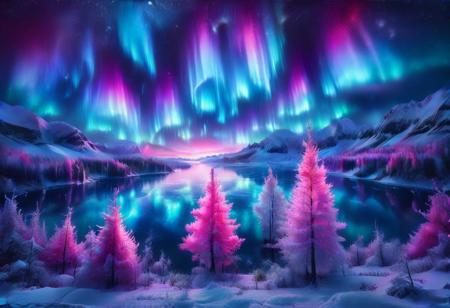 morph-aurora,  Snow-covered trees in fluffy blue frost, black sky, pink neon tree
, blue lake, top view of blue lake, northern lights,professional 3d photo.