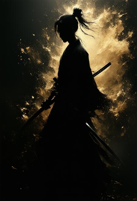 A striking silhouette of a figure poised in a dynamic, almost defensive stance, partially obscured by a shimmering layer of gold foil. The figure is holding Jack's Katana (Samurai Jack), its blade reflecting the light with an ethereal glow. The background is a deep, textured black, creating a dramatic contrast that highlights the silhouette and the katana's presence. The overall impression is one of strength, mystery, and a hint of ancient wisdom. Photorealistic, cinematic lighting, 8k resolution, octane render, volumetric light, inspired by the works of Alphonse Mucha and Yoshitaka Amano, silhouette, katana, gold foil, dramatic, mysterious.
