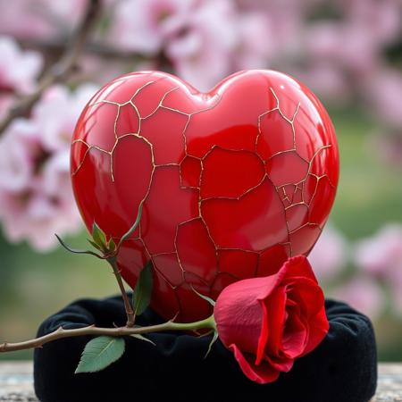 A red porcelain Valentine heart, red, glossy surface, repaired in the japanese kintsugi style, with gleaming gold visible in the numerous wide cracks ion its surface.  the heart is nestled into a base of black velvet. In front of the heart is a single long-stem red rose with thorns on the stem. The background is a cherry blossom garden blurred into a soft pastel bokeh.
