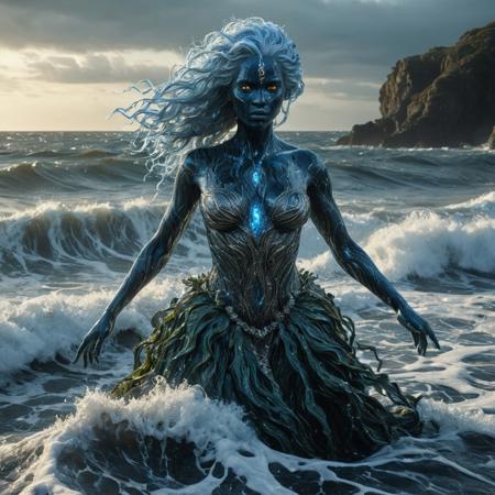 Masterpiece, High Resolution, best quality, ultra-realistic, 
Epic cinematic shot of a powerful elemental woman standing amidst the roiling waves of the ocean, waves crashing on shore, Her humanoid form is sculpted from gleaming, mysterious water, she wears an ornate dress made of seaweed, Her bright blue and white hair sparkles, contrasting with her dark skin and intense, glowing amber eyes, 
The background is a calm tableau of water and sun, waves crash and seaweed lines the shore in her wake, Dramatic volumetric lighting emphasizes the scene