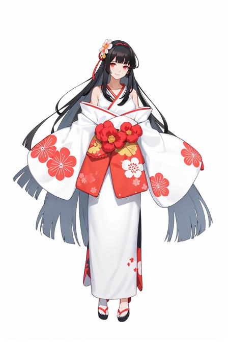 Concept Art, Game Character Design, 1 Girl, Solo, Long Hair, Japanese Costume, White Background, Kimono, Full Body, Simple Background, Hair Accessories, Very Long Hair, Bangs, Bare Shoulders, Flower, Hug, Belt, Wide Sleeves, Standing, Blunt Bangs, Belt, Look at the Audience, Smile, Separate Sleeves, Sandals, Shut Up, Long Sleeves,,<lora:erciyuanV5:0.8>,