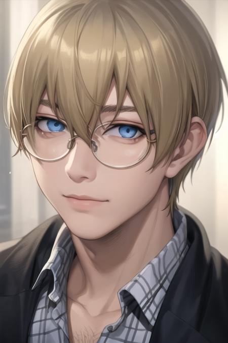 masterpiece, best quality, high quality, 1boy, solo, male focus, looking at viewer, upper body, <lora:william_macbeth:0.56>, william_macbeth, blonde hair, glasses, blue eyes, realistic, jacket