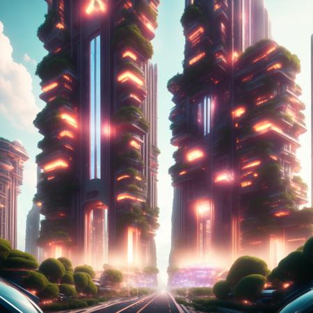 (coralcity style:1) futuristic city, tall buildings, lot of lights, plants growing <lora:djzCoralCityV21:0.8>