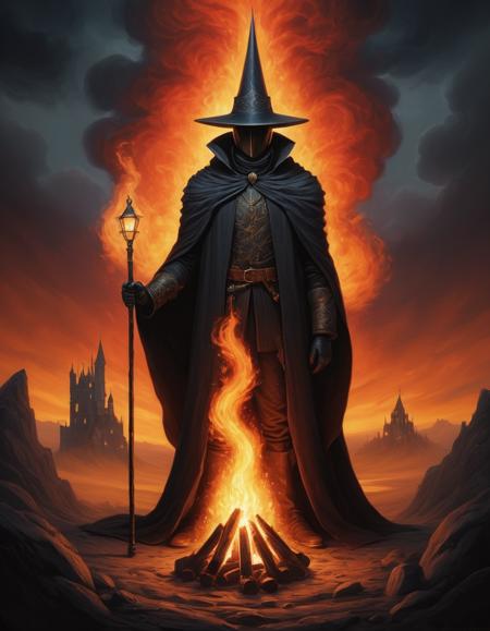 Surrealist art <lora:CivitAI__Style_Fusion_-_FFusionAI_Entry:0.6> FFusionAI Style, CivitAI, a man in a coat standing in front of a fire, dan mumford tom bagshaw, minion as a darksouls boss, in style of dark fantasy art, inspired by J J Grandville, inspired by Brian Despain, epic fantasy sci fi illustration, dark fantasy character design, lord of cinder, pyromancer, dark fantasy style art . Dreamlike, mysterious, provocative, symbolic, intricate, detailed