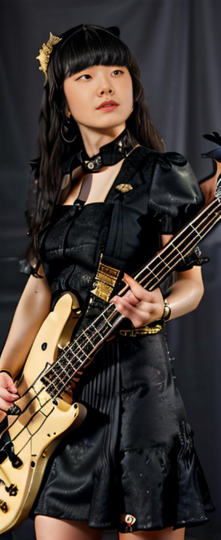 Beautiful woman playing a bass, black dress, with gold decorations, black hair. <lora:MisaV4-15:1>