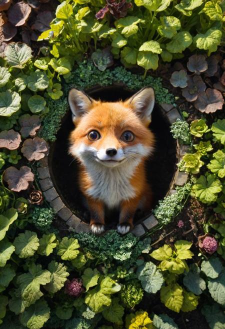 amazing quality, masterpiece, best quality, hyper detailed, ultra detailed, UHD, perfect anatomy, dof, portrait,  awesome, inspiring,  Expressiveh, realistic, high quality, 4K, absurd resolution, incredibly detailed, masterpiece, sharp, (too cute fox house garden:1.6), (so cute:1.5), (big round eyes, cute eyes:2), happy, extremely detailed, no humans, extremely detailed scales, sunlight, realistic, high quality, detailed, shadows, glowing, bright colors, high contrast, vivd lighting, cinematic composition, soft shadows, national geographic style, (view from above), (close up:1.5)