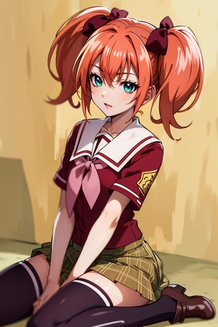 shuzen kokoa, red hair, short hair, twintails, hair bow, green eyes, school uniform, red shirt, short sleeves, white sailor collar, pink ribbon, plaid skirt, black thighhighs, bow shoes, looking at viewer, (masterpiece:1.4), (best quality:1.4), (absurdres:1.0), (intrincate), (full sharp), (extremely detailed:1.5), (exquisite details), (high definition), (anime, anime coloring:1.35),  <lora:Shuzen Kokoa (Rosario + Vampire):0.7>