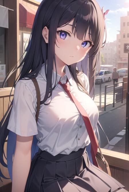 maisakurajima, <lora:maisakurajimatest:1>, sakurajima mai, long hair, bangs, black hair, hair ornament, (purple eyes:1.1), hairclip,
BREAK skirt, shirt, school uniform, white shirt, short sleeves, pantyhose, pleated skirt, collared shirt, blue skirt, black pantyhose, red necktie, jacket, brown jacket,
BREAK outdoors, city,
BREAK looking at viewer, 
BREAK <lyco:GoodHands-beta2:1>, (masterpiece:1.2), best quality, high resolution, unity 8k wallpaper, (illustration:0.8), (beautiful detailed eyes:1.6), extremely detailed face, perfect lighting, extremely detailed CG, (perfect hands, perfect anatomy),