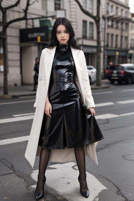 realistic, masterpiece, high detailed skin, looking at viewer, full body shot, scenic view, long hair, black hair
<lora:Latex_ Dress_Overcoat_By_Stable_Yogi:0.8> latex short black dress, pantyhose, white oversized coat