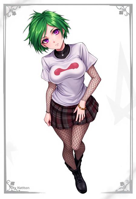 pixie cut, feminine male, black collar, green hair, plaid skirt, fishnet stocking sleeves, leather boots, short tee-shirt, tattooed, pink eyes