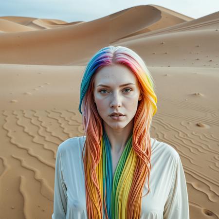 close up analogue photo of a beautiful 25 years (((albino woman:1.5))) with (rainbow dyed hair:1.5) (((pale skin:1.5))), white hair, <lora:Lumiya_SDXL:0.6>, A mythic desert priestess in earth-toned robes walks beneath a crescent moon, clutching an incense burner, surrounded by swirling sands, captured in a realistic oil painting style with cool twilight hues and soft low-angle lighting.