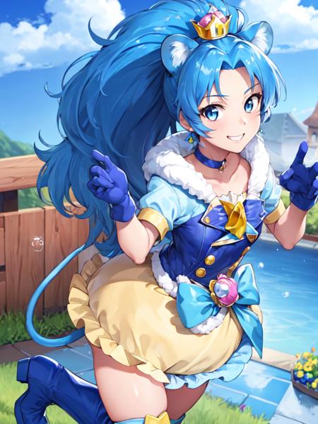 cure gelato lion girl, blue hair, mini crown, single thighhigh, blue gloves, tail, bubble skirt, blue boots, fur trim