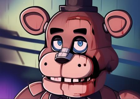 yllicft, solo <lora:yllicft-10:1> <lora:fnaf-freddy:1> freddy, rain, injury, blood on face, bandaid on face, bandaid on nose, looking up, masterpiece, best quality