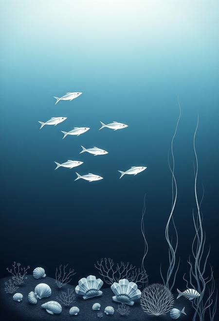 A quiet underwater tableau rendered in minimalist beauty and fine compositional balance. A group of slender fish swim in rhythmic formation, their bodies delicately defined by graceful curves and faint ink-like lines. The seafloor is sparsely populated with shells and subtle coral structures, drawn in restrained texture and tonality. Long strands of kelp weave vertically like calligraphy, gently moving with invisible currents. The background fades into gradients of deep blue and charcoal, leaving just enough contrast to emphasize the elegant foreground forms. Light enters the scene in soft bands, reminiscent of watercolor wash over hand-carved grain. Every creature and plant appears symbolic—precise yet ethereal. The mood is calm, contemplative, and timeless, like a preserved moment of oceanic poetry.