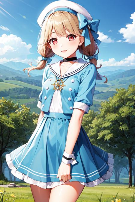 aatoto, long hair, low twintails, hair ribbon, black ribbon, earrings, brooch, bare shoulders, frills, white shirt, detached sleeves, suspenders, black skirt aatoto, short twintails, braid, beret, white headwear, hat bow, choker, sailor collar, blue dress, short sleeves, wrist cuffs