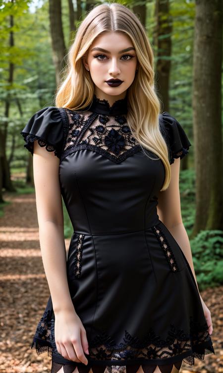 (RAW photo:1.1), (photorealistic:1.4), (best quality:1.4), SelfieAngels_Biene, (blonde hair:1.3), (goth Eyeliner, goth Eyeshadow, goth make-up, goth lipstick:1.15), beautifully detailed, professional photography, (ultra detailed), (beautiful detailed eyes:1.3), detailed face, delicate face, smooth face, (detailed facial features), absurdres, 8k, (extremely delicate and beautiful), (highly detailed skin), detailed nose, detailed mouth, physically-based rendering, high resolution, uhd, dslr, high quality, depth of field, (sharpness:1.2), film grain, Fujifilm XT3, (intricately detailed black goth dress:1.4), (standing:1.2) in the woods Realistic, hyperreal, real life, real, ultrarealistic, Realism, hyper real, ultra real