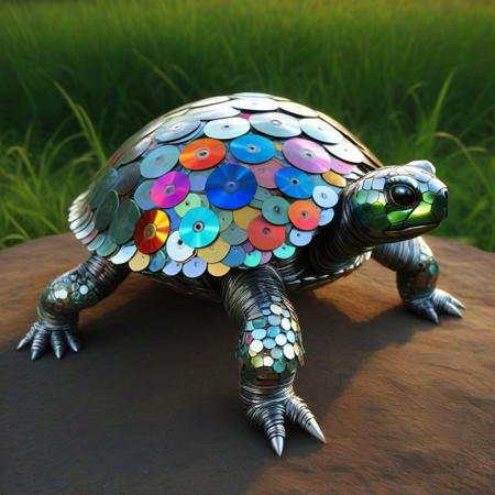 turtle made of cd's, Turtle Sculpture, CD Discs, Recycled Art, Colorful Reflective Surface, Creative Design, 3D Art Installation, Environmental Art, Upcycled Materials, Nature-Inspired, Artistic Composition, Playful Appearance, Shimmering Effect, Textured Shell, Eco-Friendly Artwork, Whimsical Style, tetrapod, four legs