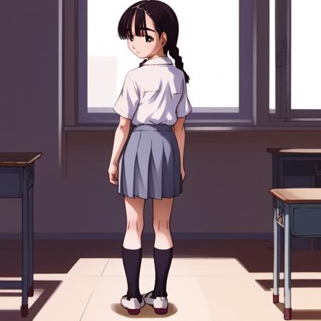 SecretaryTsuda,1girl,black hair,bangs,twin braids,brown eyes, school_uniform,short_sleeves, pleated_skirt, one-piece tan,