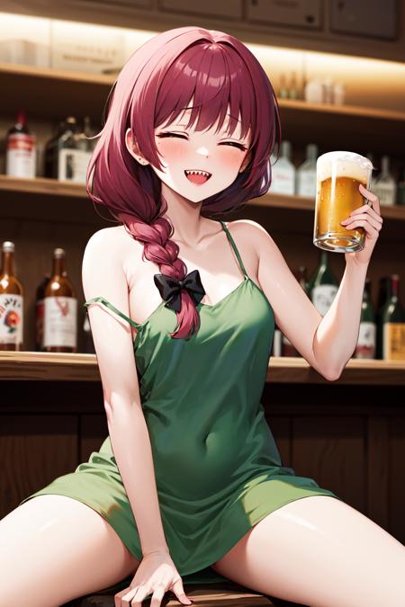 aakikuri, long hair, single braid, hair bow, hair over shoulder, purple eyes, sharp teeth, medium breasts, green dress, letterman jacket, two-tone jacket, open jacket, long sleeves aakikuri, long hair, single braid, hair bow, hair over shoulder, purple eyes, sharp teeth, medium breasts, green dress, sleeveless