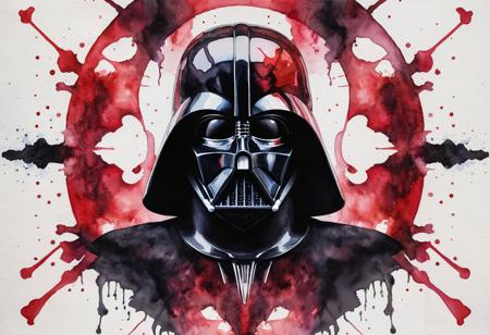 a watercolor painting with a Rorschach test style. The symmetrical design shows darth vader, red and black colors, darth vader in the middle, creating an intriguing mirror effect