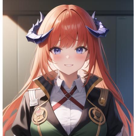 (masterpiece, best quality:1.2),illustration,8k,hd,absurdres,1girl,solo,upper body,(portrait:1.2),bangs,orange_hair,smile,purple_eyes,dragon_horns,very_long_hair,blush,large_breasts,black_gloves,green_jacket,long_sleeves,looking_at_viewer,shirt,red_skirt,blue_eyes,plaid skirt,<lora:Bagpipe(ark)>,