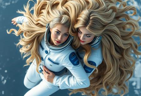 Two women with long blonde hair floating in the air, wearing white and blue space suits, entwined together by their voluminous golden wavy hair that intertwines between them. High angle shot from above. Photorealistic, high detail, sharp focus, depth of field. Cinematic lighting.