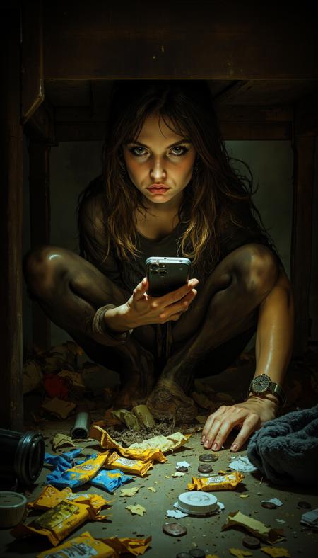 A girl is crouched under a dusty bed, her face illuminated by the glow of her smartphone. The space under the bed is cluttered with forgotten debris: candy wrappers, a lone sock, a few coins, and a layer of dust that hasn’t been disturbed in years. Her expression is one of intense focus as she searches for something, her brows furrowed and her lips slightly pursed.

Suddenly, her eyes widen in shock as she discovers us—her gaze locks onto the viewer, her mouth slightly open in disbelief. The light from her phone casts dramatic shadows on her face and the surrounding mess, highlighting the dust particles floating in the air.

The atmosphere is a mix of curiosity and surprise, with the girl’s reaction capturing the moment of unexpected discovery. The scene is both intimate and slightly unsettling, as if we’ve been caught in a place we shouldn’t be."

Additional details for refinement:

Style: Hyper-realistic or semi-realistic, with a focus on facial expressions and textures (dust, clutter).

Lighting: Cold, harsh light from the smartphone, creating dramatic shadows and highlights.

Color palette: Warm yellows and browns (dust and clutter), cool blues and whites (phone light), and muted tones (bed frame and floor).

Mood: Surprising, intimate, and slightly eerie, with a touch of humor