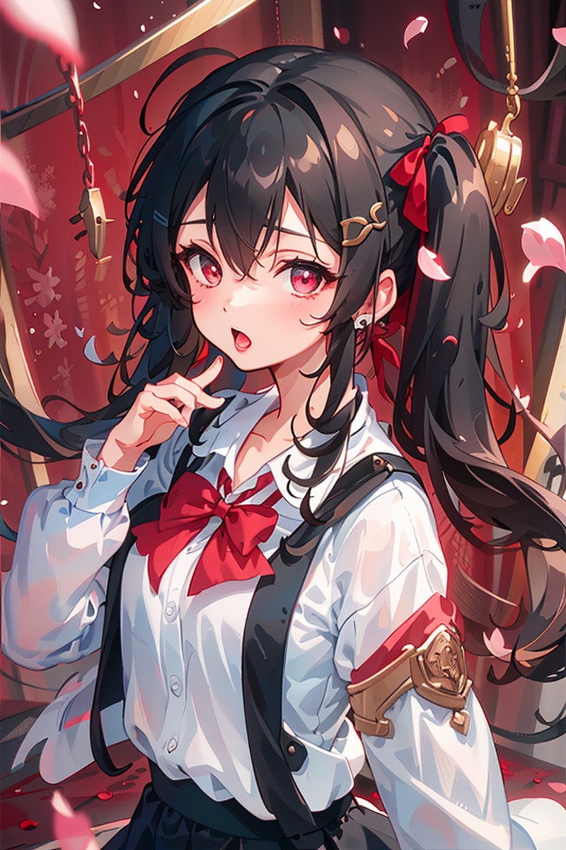 (masterpiece, best quality),a girl, solo, twintails, shirt, skirt, petals, bowtie, earrings, jewelry, bangs, black hair, h...