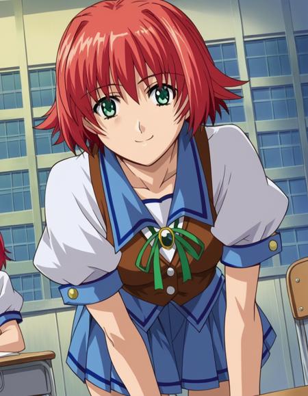 yoshimi kurahashi, short hair, green eyes, red hair, hair intakes, skirt, shirt, ribbon, school uniform, short sleeves, pleated skirt, serafuku, puffy sleeves, vest, puffy short sleeves, blue skirt, neck ribbon, green ribbon,