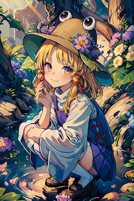 masterpiece, best quality, <lora:suwako:1>,1girl, moriya suwako, hydrangea, blonde hair, flower, thighhighs, solo, yellow eyes, ribbon, hat, hair ribbon, purple skirt, torii, red ribbon, frog, white thighhighs, skirt, smile, long sleeves, vest, wide sleeves, looking at viewer, outdoors, bangs, brown headwear, sitting, pink flower, blush, purple vest, tress ribbon, shirt, lily pad, animal, white shirt, sunlight, long hair, blue flower, purple flower, water, day, closed mouth, medium hair, light rays, sidelocks, petals, knees up, skirt set, parted bangs, sunbeam, head rest, turtleneck, squatting, leaf, snake, nature, tree